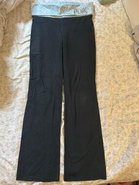 PINK Victoria's Secret Black Boot Cut Yoga Pants with Blue Patterned Waistband